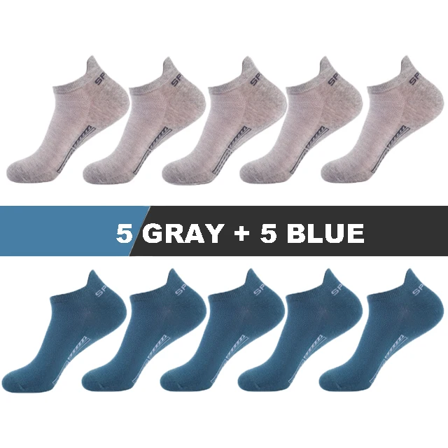 10Pairs/Lot High Quality Men Socks Ankle Breathable Cotton Sports Socks Mesh Casual Athletic Summer Thin Cut Short Sokken Gifts 5 gray 5 blue