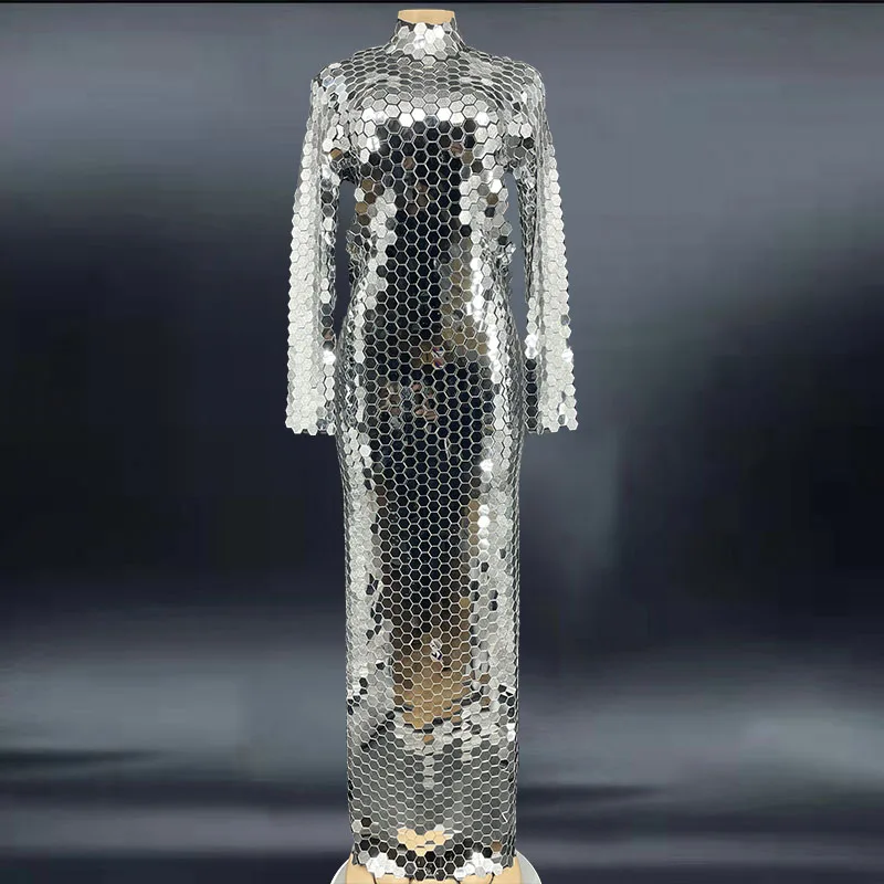 

Rhinestone Sexy Luxurious Silver Mirrors Evening Long Dress Dance Wear Performance Wedding Stretch Host Clothing