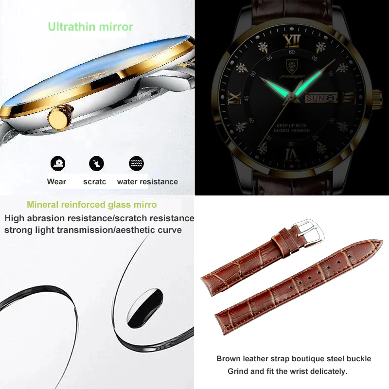 POEDAGAR Men Watches Waterproof Luminous Top Brand Luxury Leather Casual Sports Quartz Wristwatch Military Watch For Men relogio