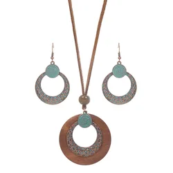 Elegant Vintage Boho Necklace & Earring Set - Ethnic Bronze Pendant with Long Sweater Chain (Style 3)