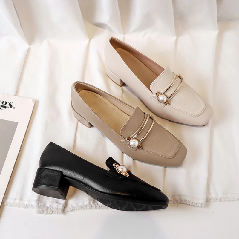 

Black Heels Womens Shoes Slip on Low Block Heels Moccasins Loafers Square Toe Office Ladies Spring Shoes Feetwear Zapatos Mujer