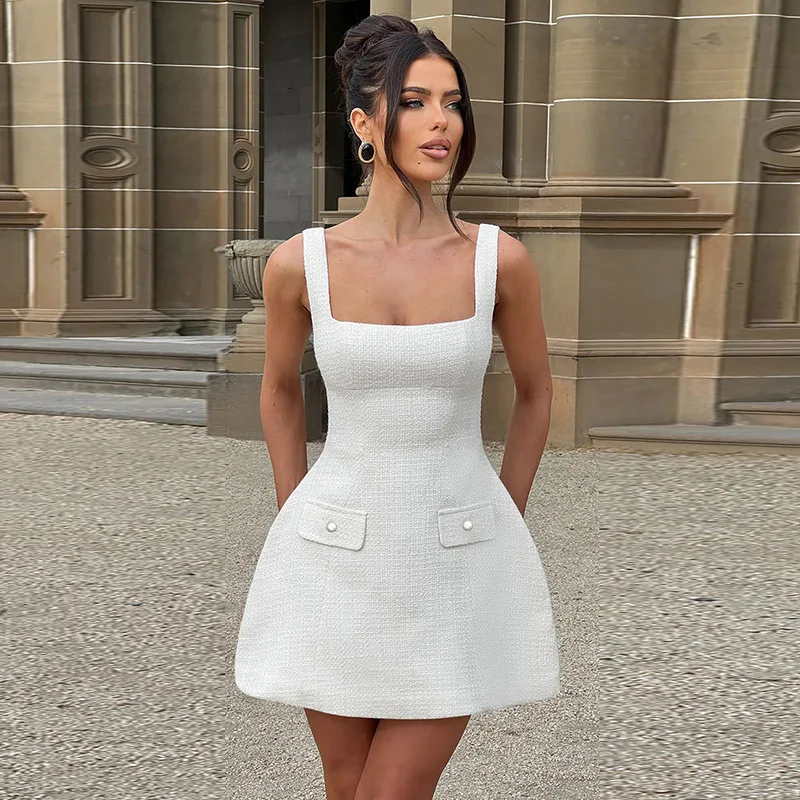 Elegantes, schmal geschnittenes, ärmelloses A-Linien-Party-Club-Minikleid im Xiaoxiang-Stil mit quadratischem Ausschnitt