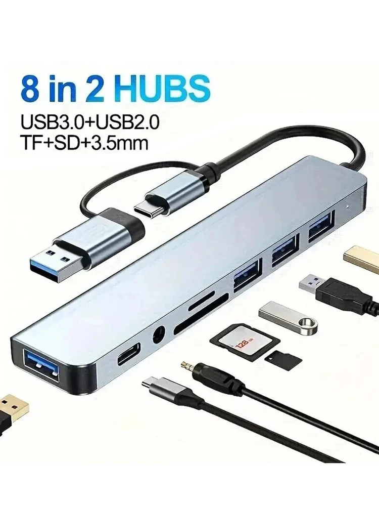 Universal 8-in-2 USB-C Docking Station with Audio Jack and SD Card Reader Adapter