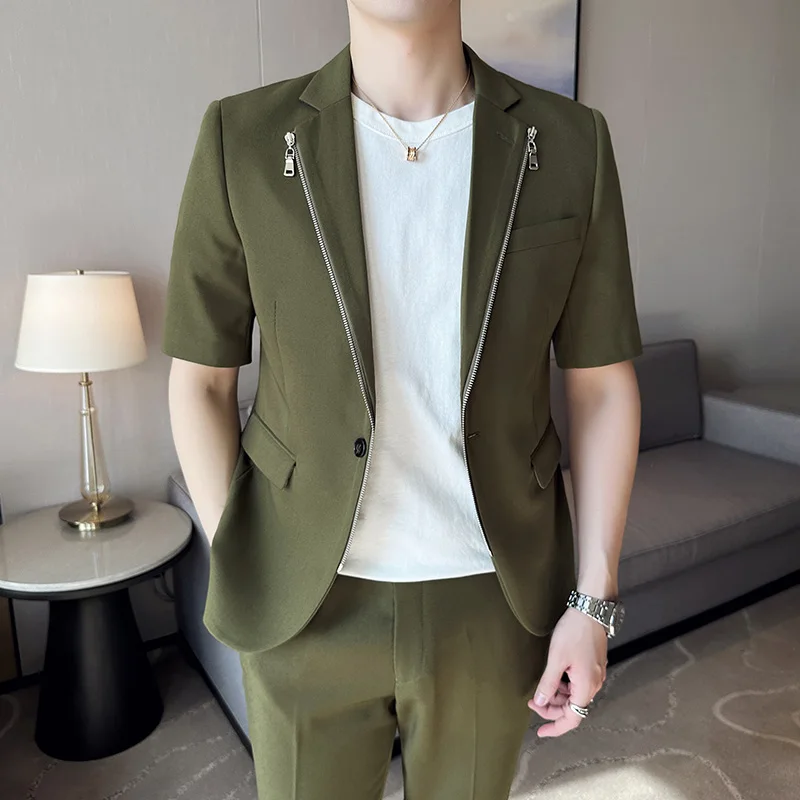 Summer Zipper Decoration Blazers Men Casual Business Suit Jacket Slim Fit 3/4 Sleeve Streetwear Social Jacket Men Clothing