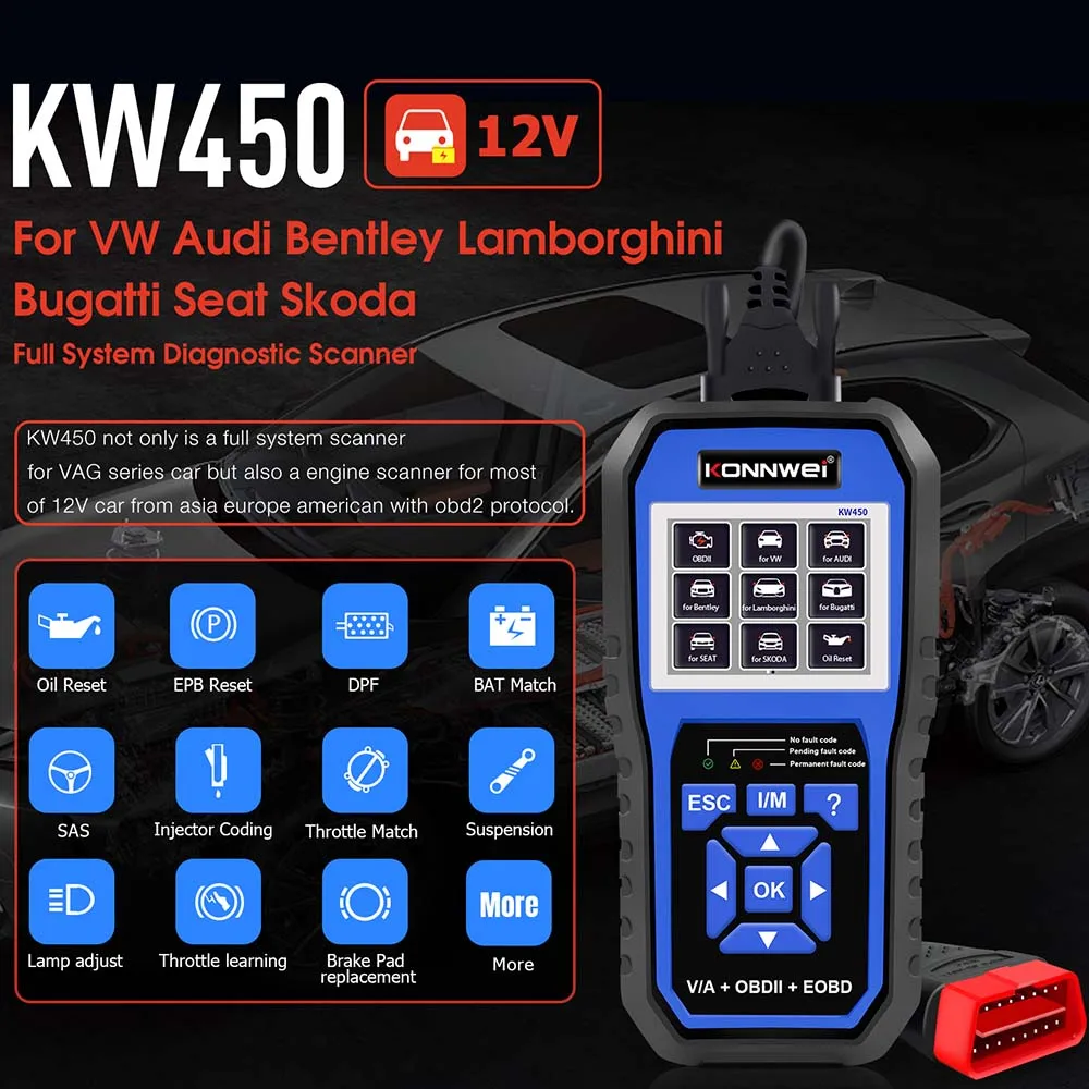 Car Scanner KONNWEI KW450 Full Systems Scanner Car OBD2 Diagnostic Tool for VAG COM VW Audi ABS Airbag Oil ABS EPB SRS TPMS Reset Scanner