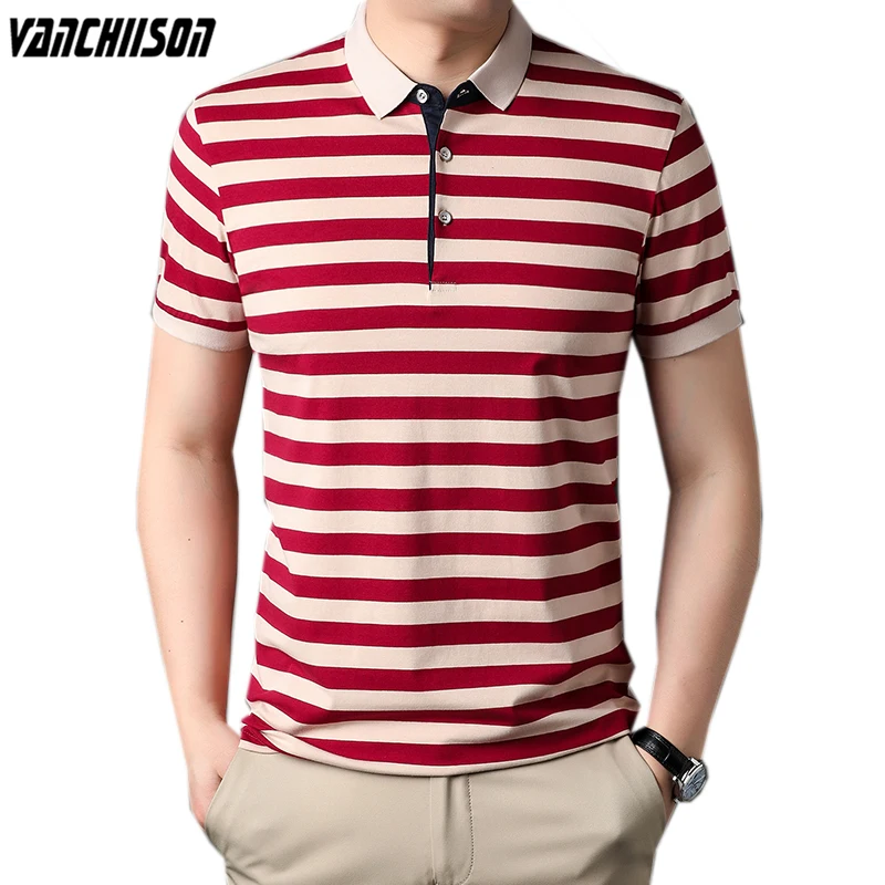 

Men Stripes Polo Shirt Tops Short Sleeve for Summer 100% Cotton Casual Contrast Collar Male Fashion Clothing 00640