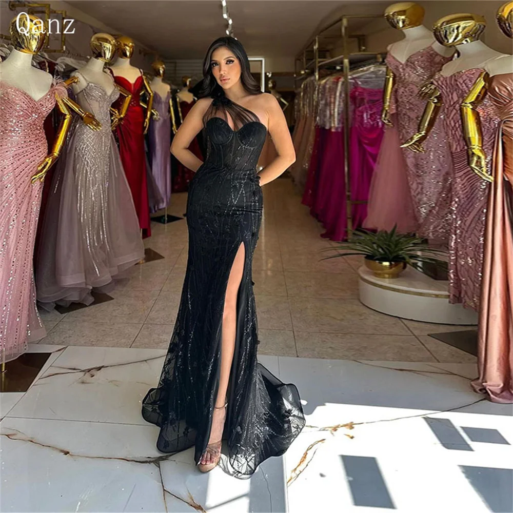 

Qanz Black Tulle Evening Dresses One Shoulder Mermaid High Leg Slit Sexy Robes De Soirée Lace Up Back Long Party Dresses 2024