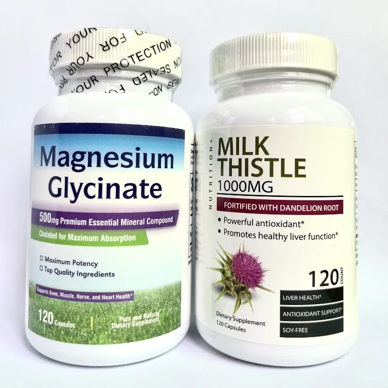 

2 Bottle 240 Pills Magnesium Glycine Capsule+ Milk Thistle Grass Capsule Support Cardiovascular Function liver Supplement