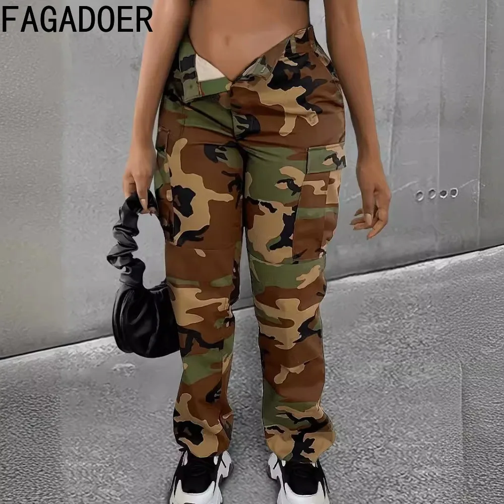 FAGADOER Fashion Streetwear Women Camouflage Print High Waisted Button Pocket Jogger Pants Casual Female Sporty Skinny Bottoms