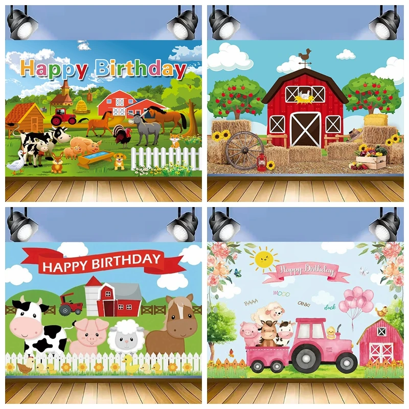 

Cartoon Farm Background Baby 1st Filed Windmill Barn Birthday Wooden Fence Party Photographic Backdrops Photo Studio Customize