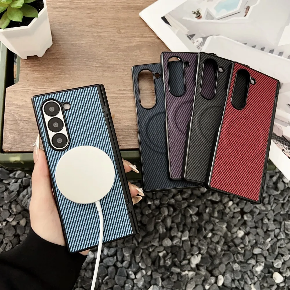 Luxury Carbon Fiber Magnetic Hinge Phone Case with Wireless Charging and Shockproof Bumper Cover