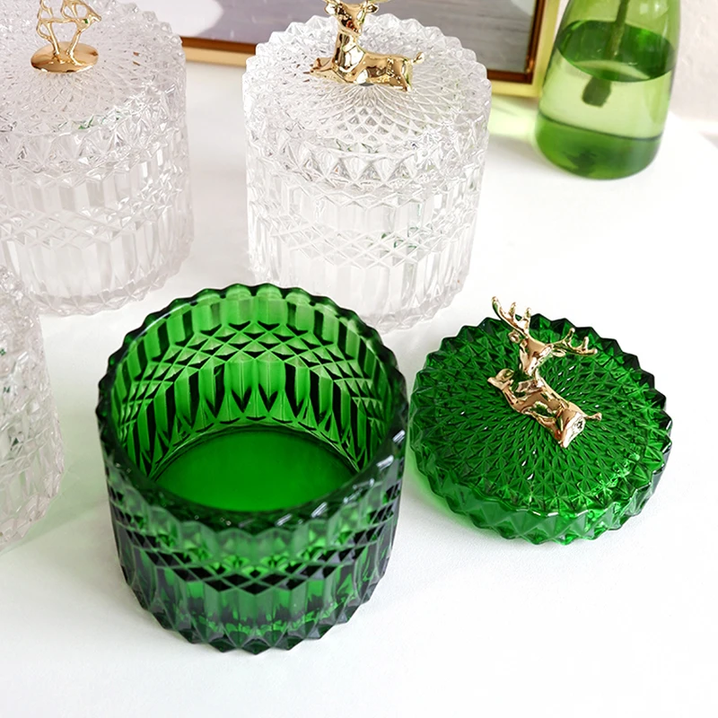 French Elk Glass Storage Jar Luxury Green Jewelry Cotton Swab Box Desktop Small Object Aromatherapy Candle Bottle Decor