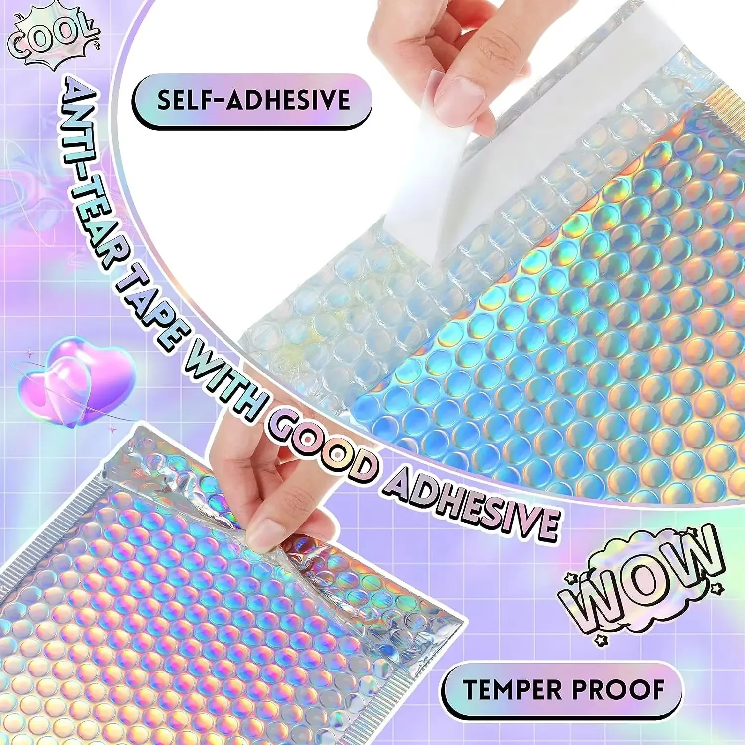 50pcs Envelopes Bubbles Shipping Bags Packages Holographic Mailer Laser Bubble Mailers Small Business Supplies Self Seal Mailing 3
