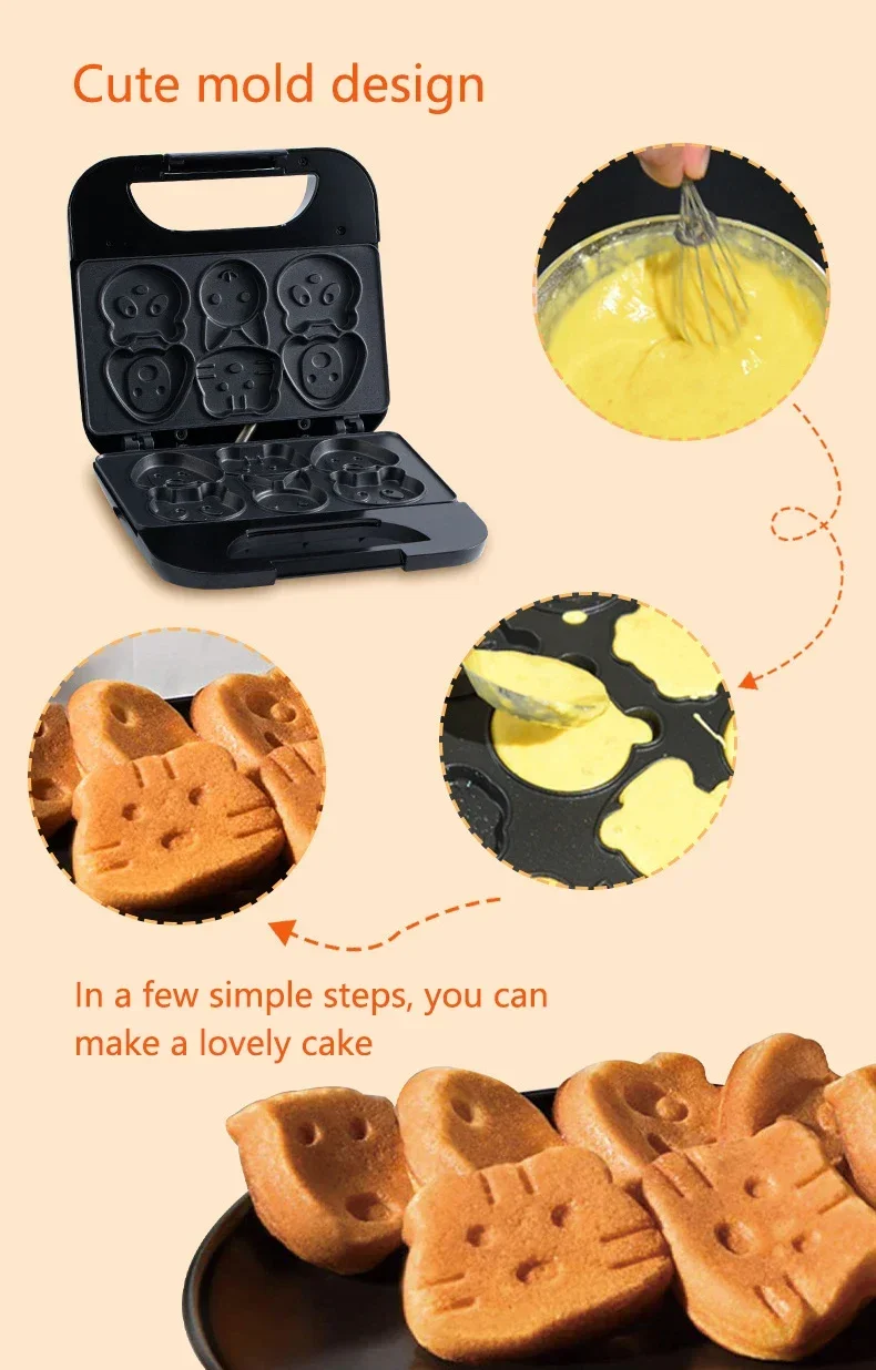 Description Picture 4 of itemElectric cartoon Waffle cake maker Automatic muffin pancake baking machine double-sided heating Grilling panini press plate 110V