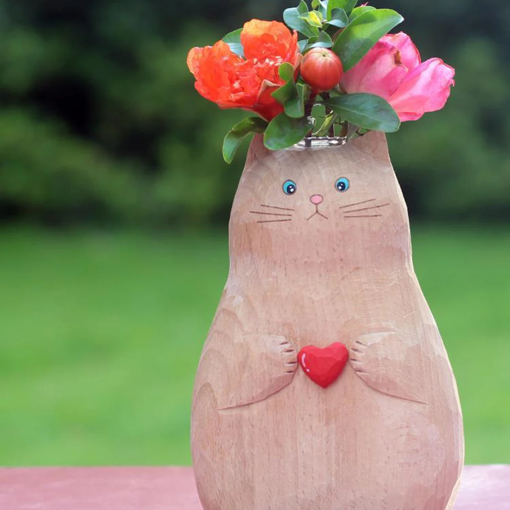 Handmade Solid Wooden Cat Vase Solid Wood Handmade Vase Modern Shelf Decor Accents For Living Room Home Decor