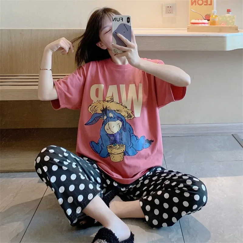 

cartoon print pajamas women's summer thin cute short-sleeved polka-dot trousers 2piece suit spring autumn home clothes Disney