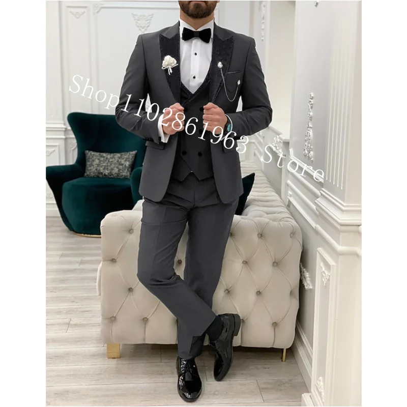 Navy Blue Suits Men Blazer 3 Pieces Suits Formal Business Groomsmen Wedding Groom Tuxedos Jacket+Vest+Pants Trajes De Hombre