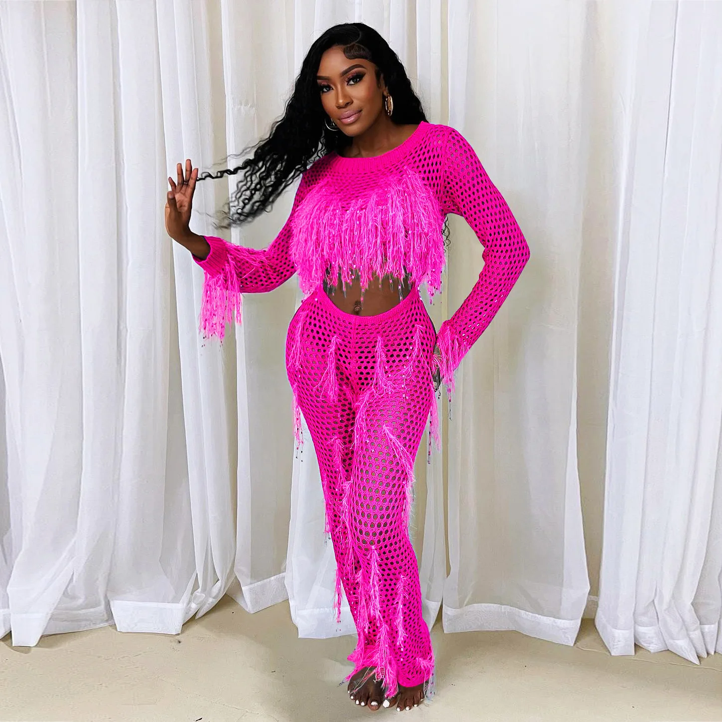 Women'S Sexy  Knitted  Hollow-Out Long Sleeve High Waist  Tassel Slim Fit Romper Girls Fringe Party Beach Jumpsuit Beachwear