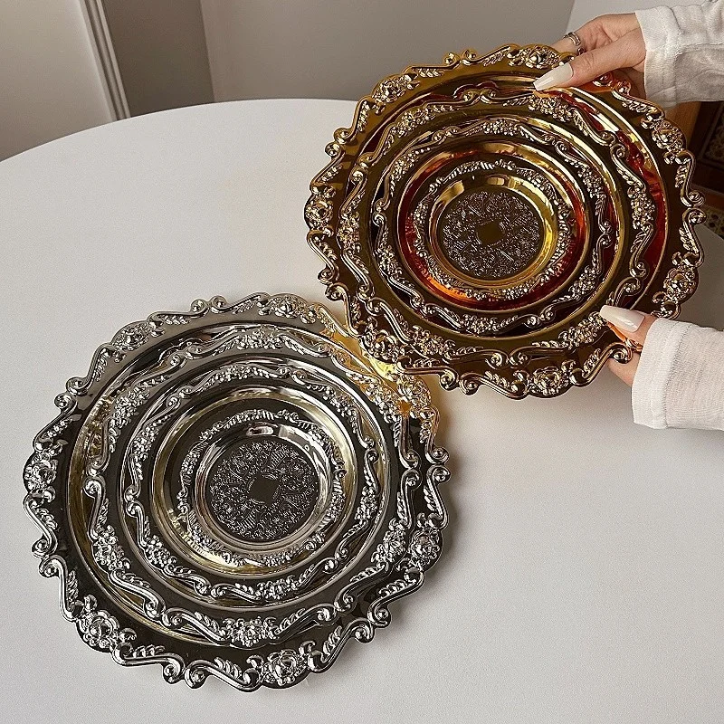 Retro Luxury Silver Plated Plates Cake Dessert Tray High Tea Snack Fruit Dish Jewelry Storage Tabletop Decor Home Hotel Supplies