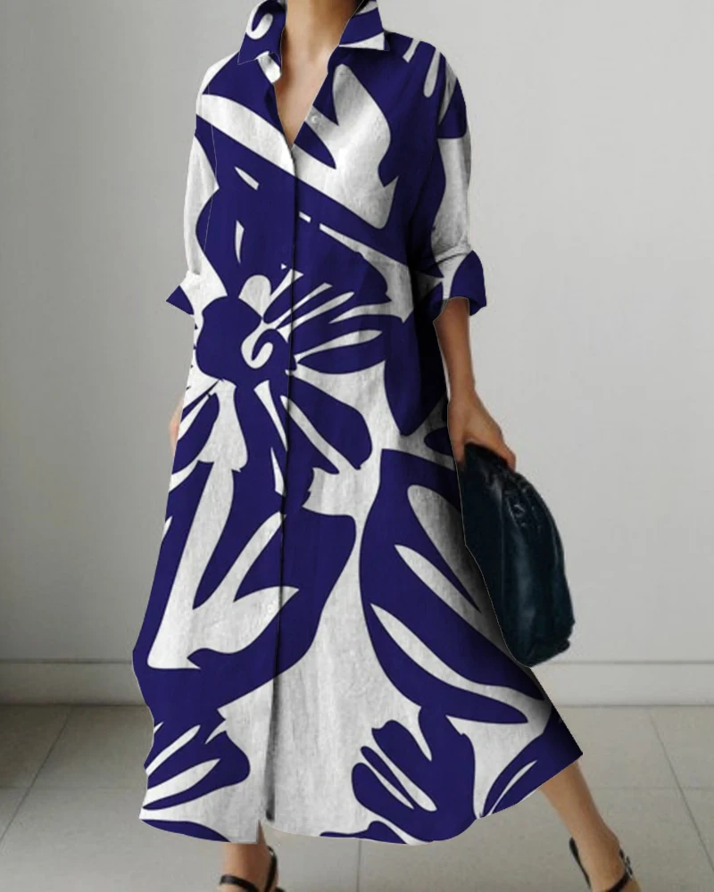 Vestido de manga comprida estampado floral feminino, lapela, tamanho positivo, respirável, confortável, roupas de primavera e verão 11 Sa5ee783ba89d4ee483868443d0e035b1L