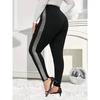 Plus Size New Women's Casual Rhinestone-Trimmed Tight Leggings - Stretchy Solid Color All-Season Machine Washable - Image 2