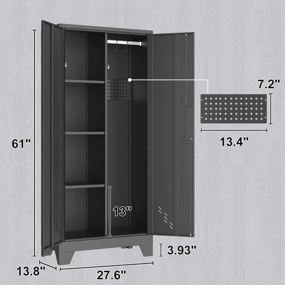 metal storage cabinet with locking doors, 61" tall garage with hanging rod, broom closet, freestanding bathroom storage cabinet,