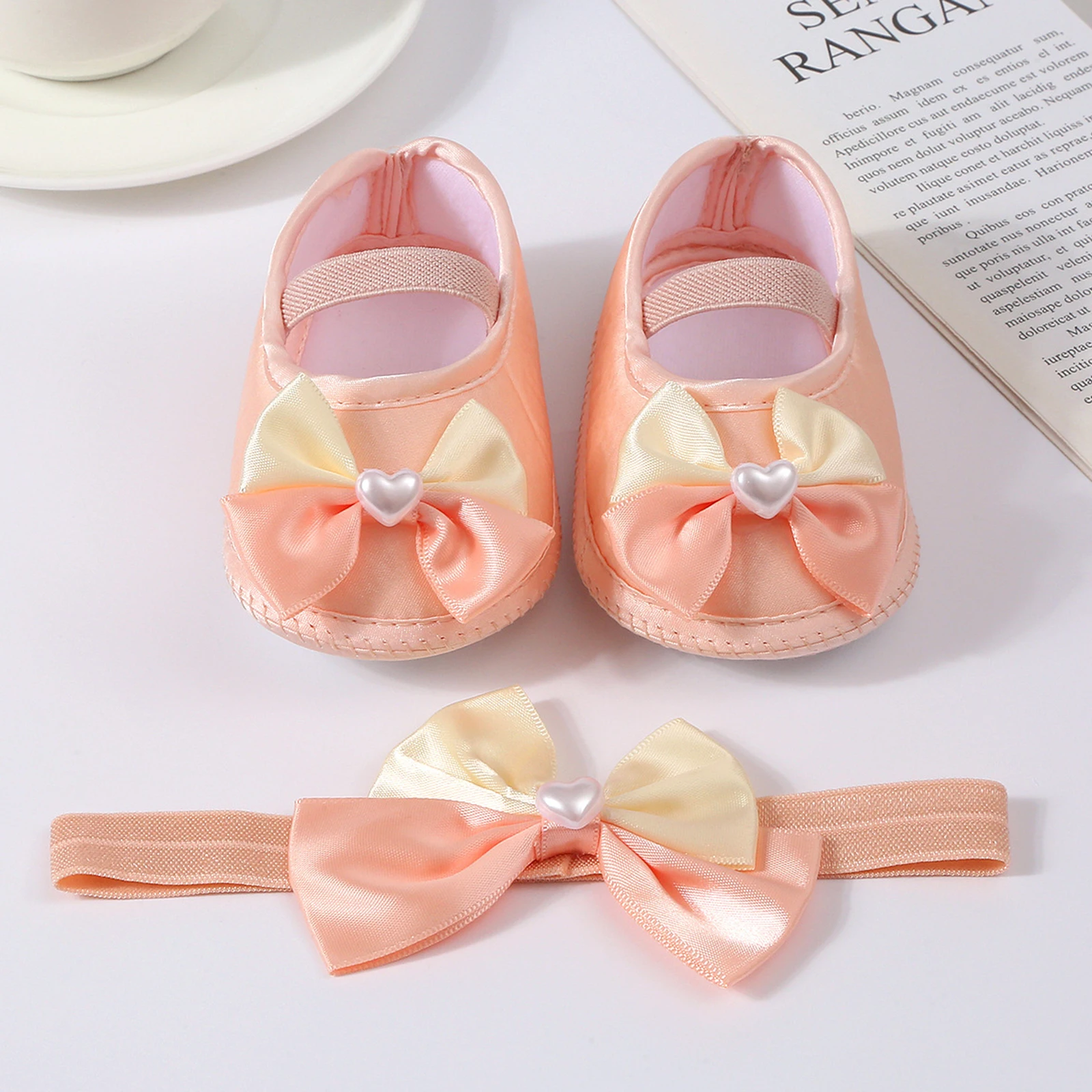 Baby Girls Baptism Shoes and Headband Cute Heart Pearl Bowknot Flats Crib Shoes and Hairband Set for Infants Toddlers