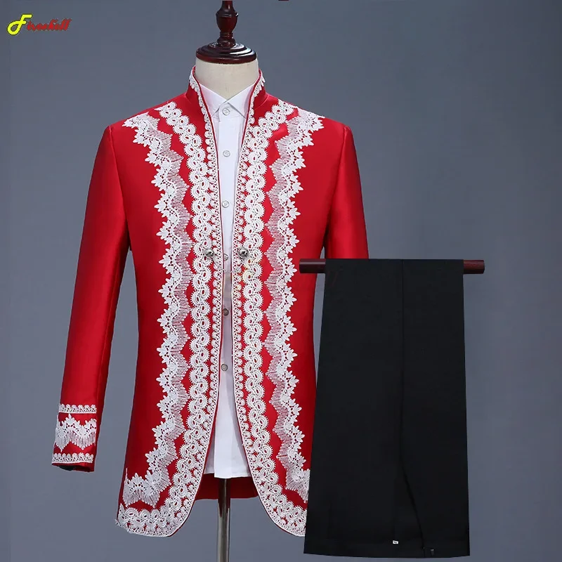 

Medieval Europe Gothic Party Costumes Style Burgundy Red Palace Men's Suit Jacket Nightclub Singer Prom Performance Blazer Coat
