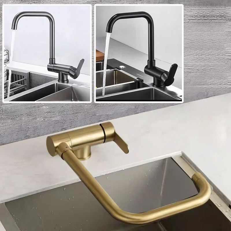 

Rotating Folding Inside Window Kitchen Mixer Faucet Brushed Gold Hot Cold Sink Water Tap