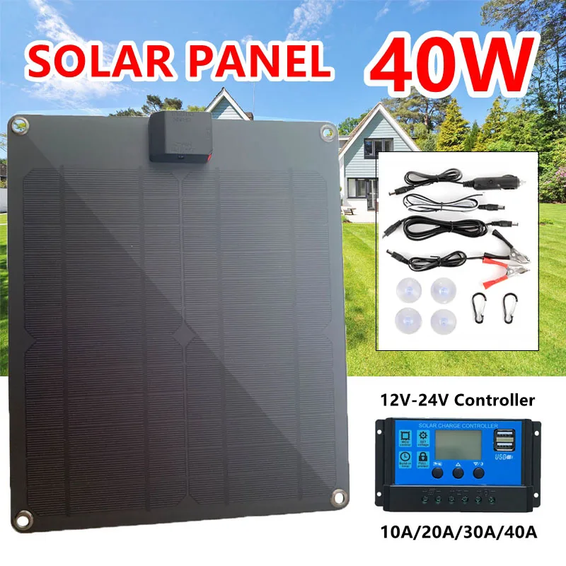 40W Solar Panel Kit 12V/5V USB Waterproof Solar Cell Solar Charger for Outdoor Camping Hiking Travel Car Yacht RV Battery Charge