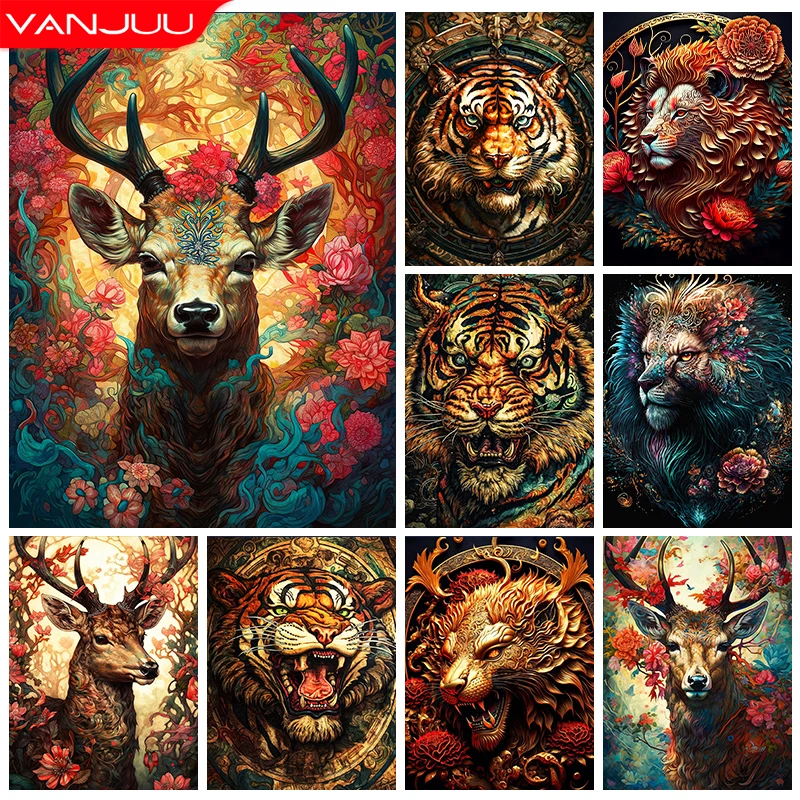 

Tiger 5D Diamond Painting Kit Elk Cross Stitch Kit Lion Full Square/Round Diamond Mosaic DIY Rhinestone Home Decoration Gift