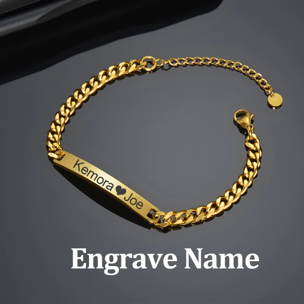 

Custom Engrave Name Punk Bracelets Gold Color Customized Date Bar Stainless Steel Cuban Chain Couple Men Women Jewelry Gift