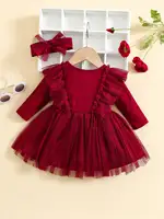 Two-Piece Baby Girl Romantic Small Flying Sleeve Long Sleeve Ruffled Mesh Dress + Bow Headscarf Spring And Autumn 2