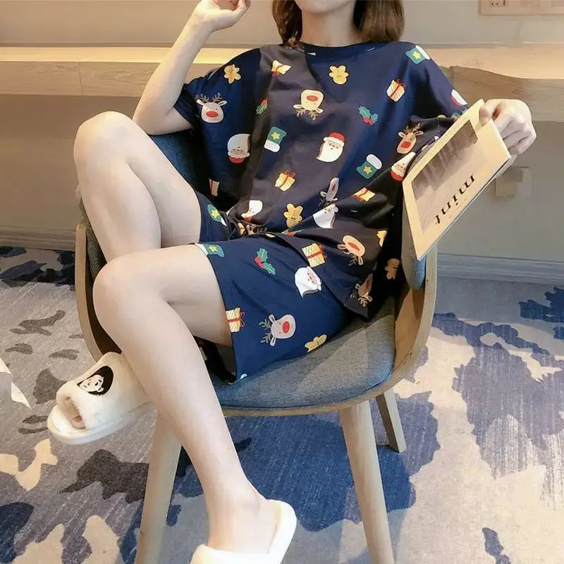 Women Pajamas Set Women Pajama Suit Women's Pajamas Set Panda Cartoon Printed Short Sleeve T Shirt + Shorts 2 Pieces Woman Soft Casual Sleepwear Homewear Pijimas