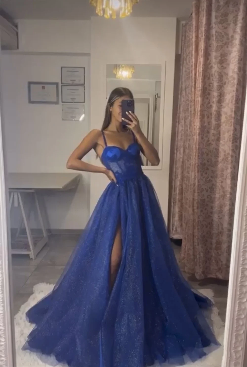 Jessica Royal blue Prom Dresses Spaghetti Straps Glitter Tulle Prom Dress Princess Graduation In Shiny Corset Party Dresses