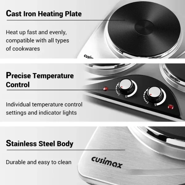 CUSIMAX Double Burners, 1800W Electric Hot Plate for Cooking Double Countertop Burner Portable Cast Iron Hot Plates 3