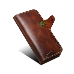 Denior Luxury Oil Wax Genuine Leather Wallet Flip Case with Wrist Strap - iPhone 17 (Brown)