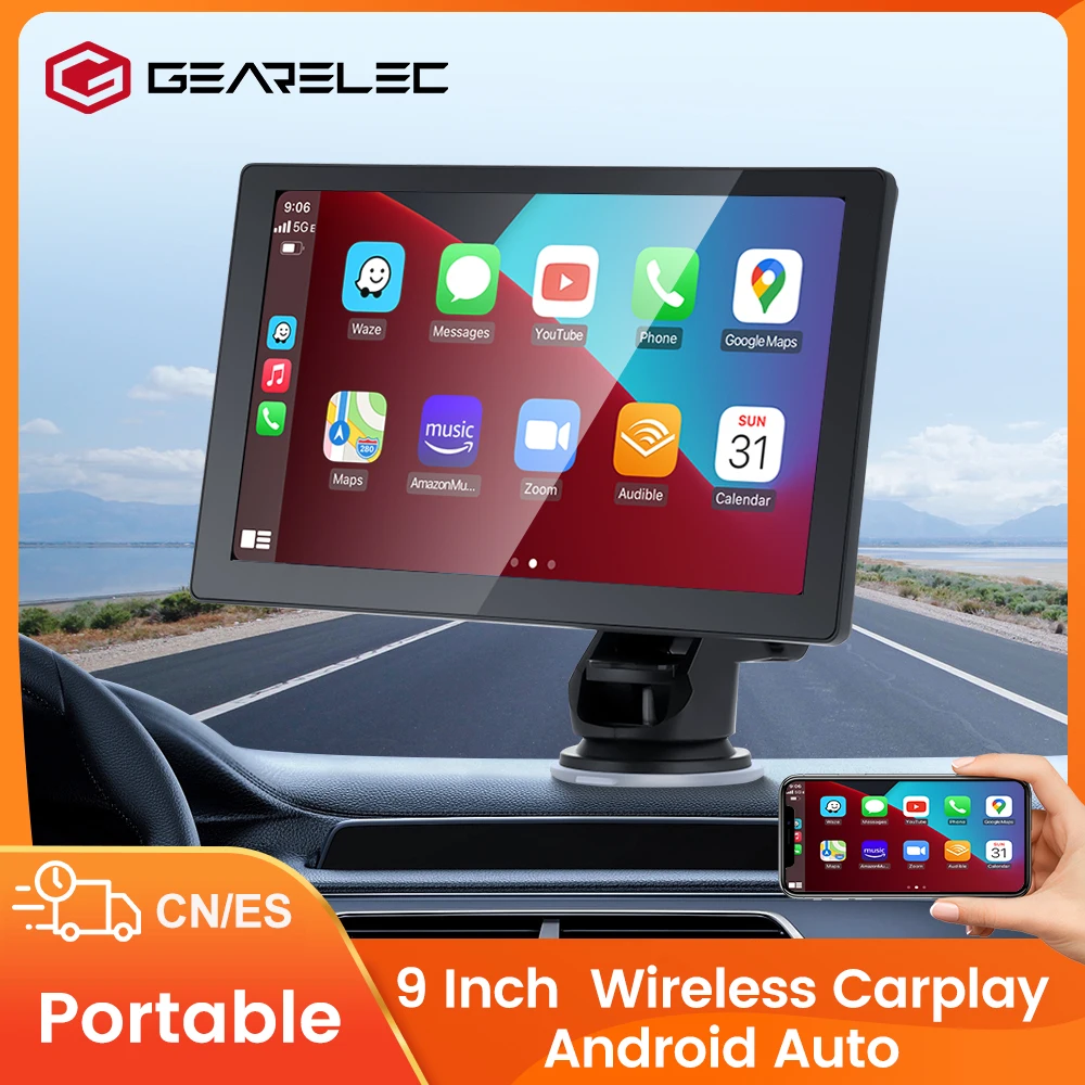 

Gearelec Universal 9 inch Car Radio Multimedia Video Player Portable Wireless Apple CarPlay Android Auto Touch Screen Bluetooth