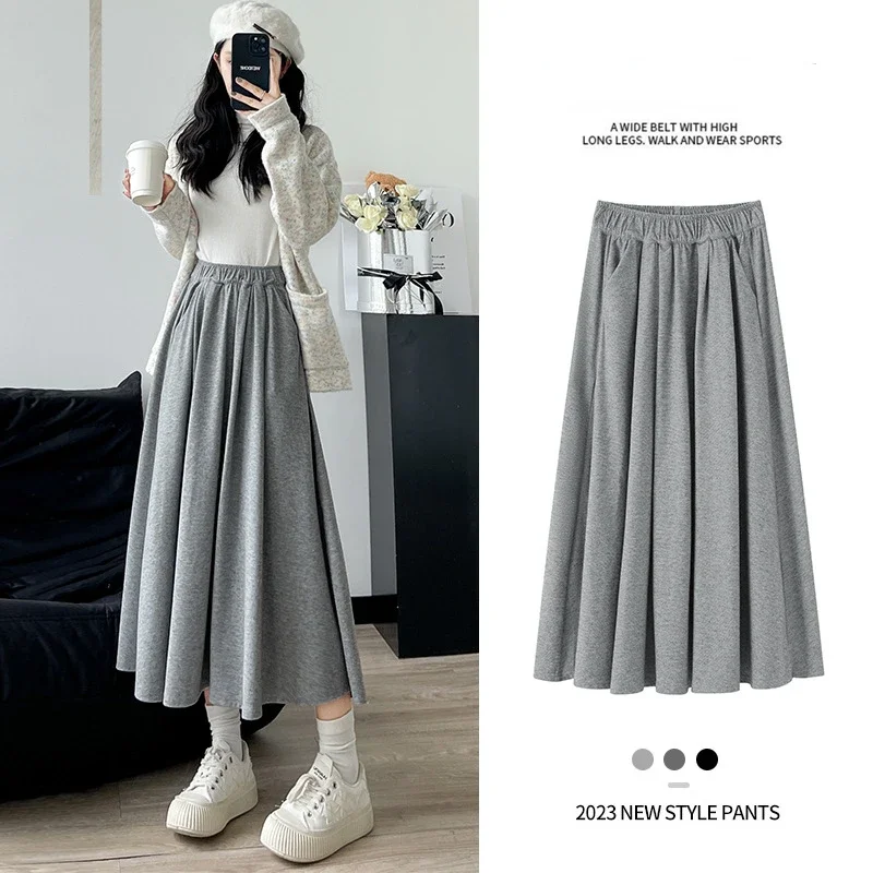 Autumn and Winter Solid Color Korean Fashion Pleated Skirts Women's High Waist Mid Length A-line Skirt