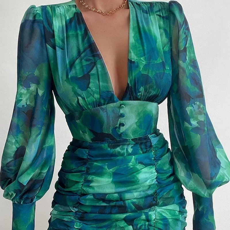 Women Dress 2022 Spring Summer Sexy Floral Print Deep V Neck Long