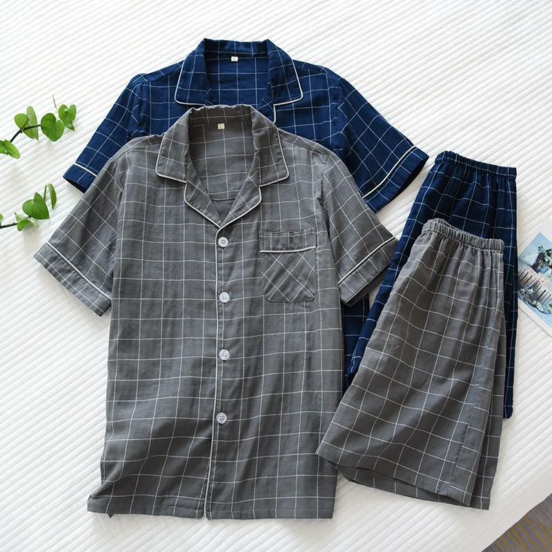 Summer men's pajamas two-piece cotton gauze short-sleeved shorts simple plaid loose casual breathable home service suit
