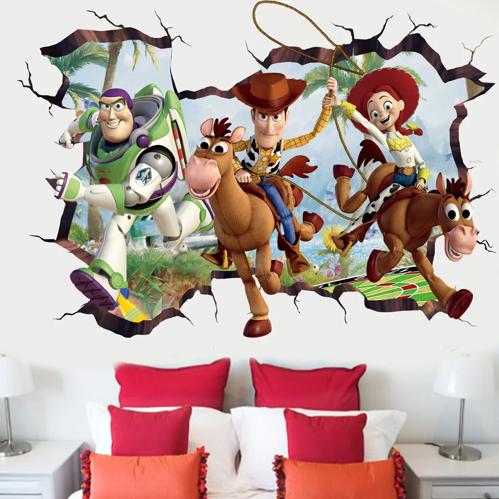 3D Broken Wall ToyStory Sherif Woody Wall Stickers For Kids Rooms Living Room Bedroom Kindergarten Decoration Movie Poster