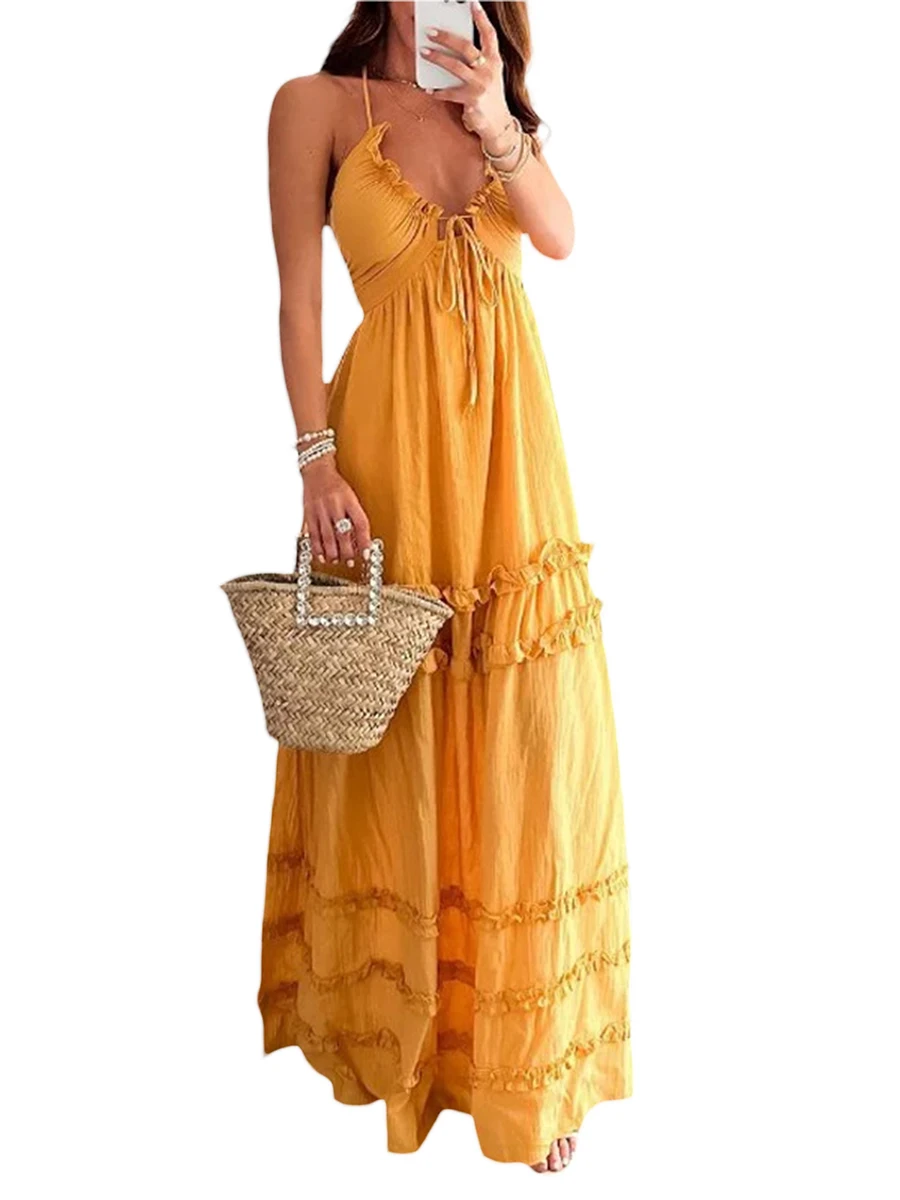 

Women Sexy Ruffle Dress Spaghetti Strap Low Cut Backless Long Maxi Dress High Split Pleated Tiered Flowy Summer Sundresses