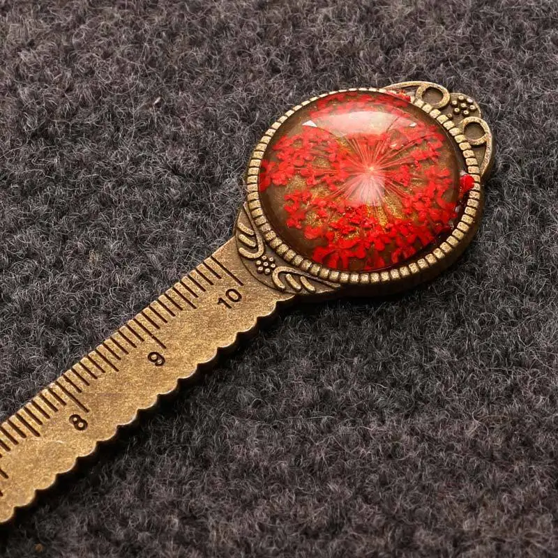 Creative Retro Bronze Round Bookmark 10cm Ruler Vintage Metal Colorful Flower Glass Gems Book Page Marker 1 Pcs