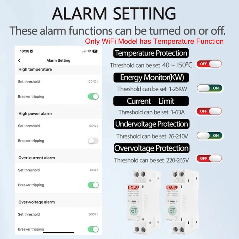 MCB Adjustable Energy Voltage Current Meter Protector Remote Control Switch Tuya WiFi Zigbee EWelink Smart Circuit Breaker 1-63A