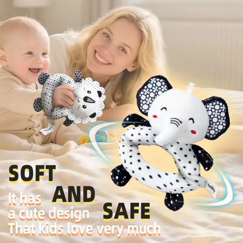 Baby Teething Rattle Toy with Squeaky Sound, Black and White Handheld Sensory Shaker for Newborn 0-12 Months, Cute Grip Ring for - 4