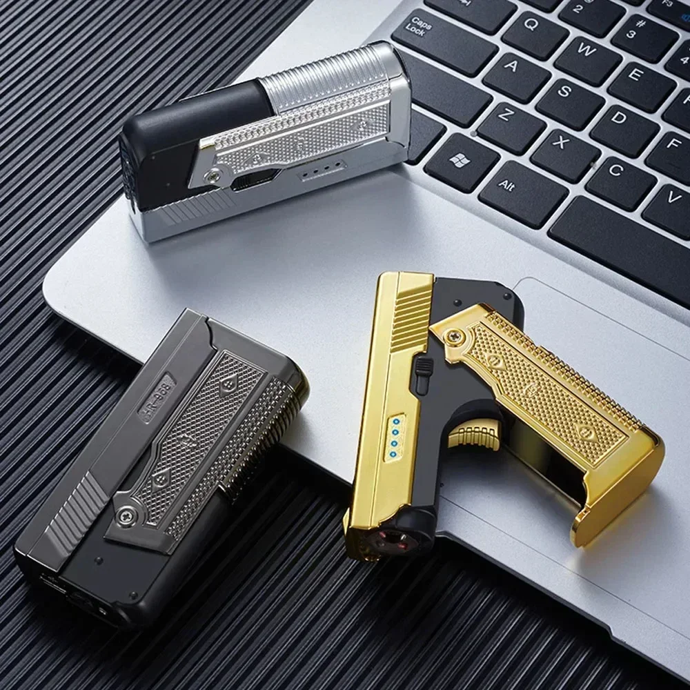 Windproof Folding Gas Electric Dual USB Lighter Metal Turbine Jet Blue Flame Torch Dual Arc Charging Lighter Men's Gift 3
