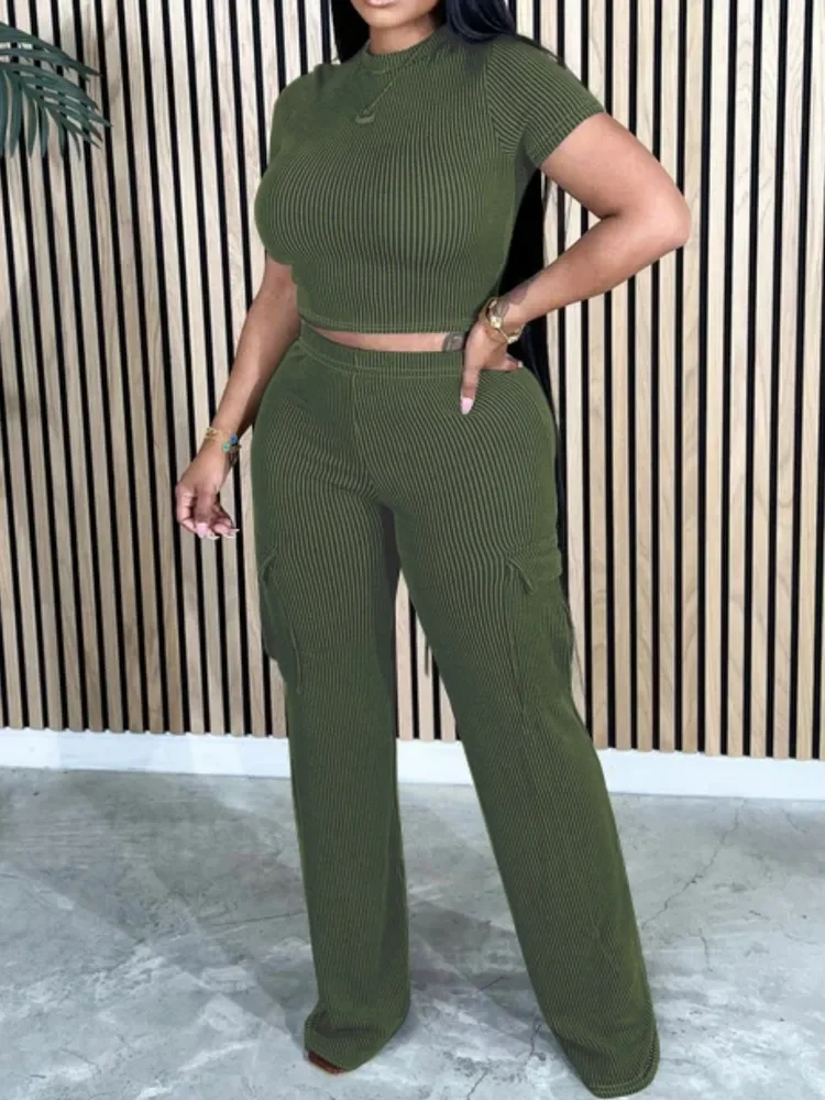 

Casual Ribbed 2 Piece Outfits for Women Tracksuits Short Sleeve Crop Top+elastic Waist Long Jogger Pants with Pockets Sweatsuits