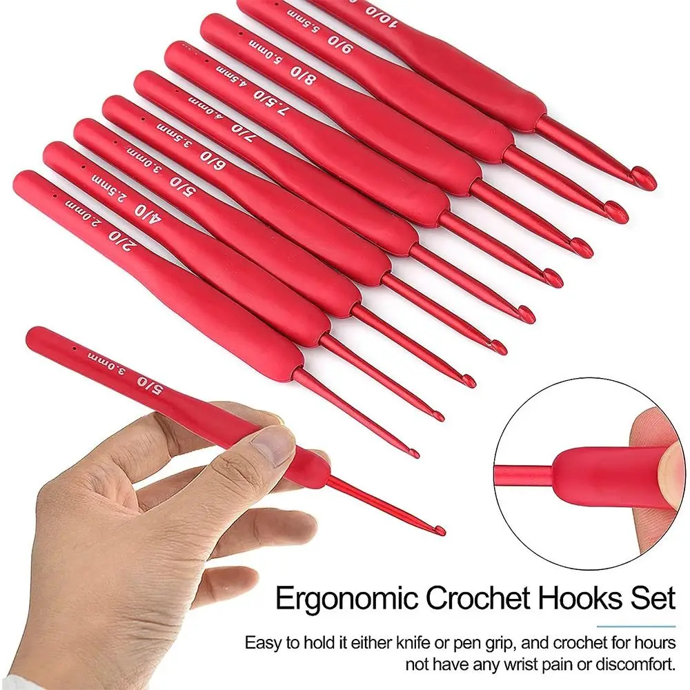 Red Aluminum Crochet Hooks with Silicone Handles for Knitting