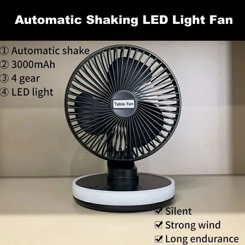 

Desktop 4 Speed Settings 3000mAh Silent Cycle Electric Night Light USB Mini Portable Shaking Head Small Fan Rechargeable Fan